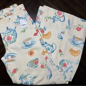 Free People | We The Free, Cream Wide Leg Pants, Tea Cup & Pastry Print - Sz 26